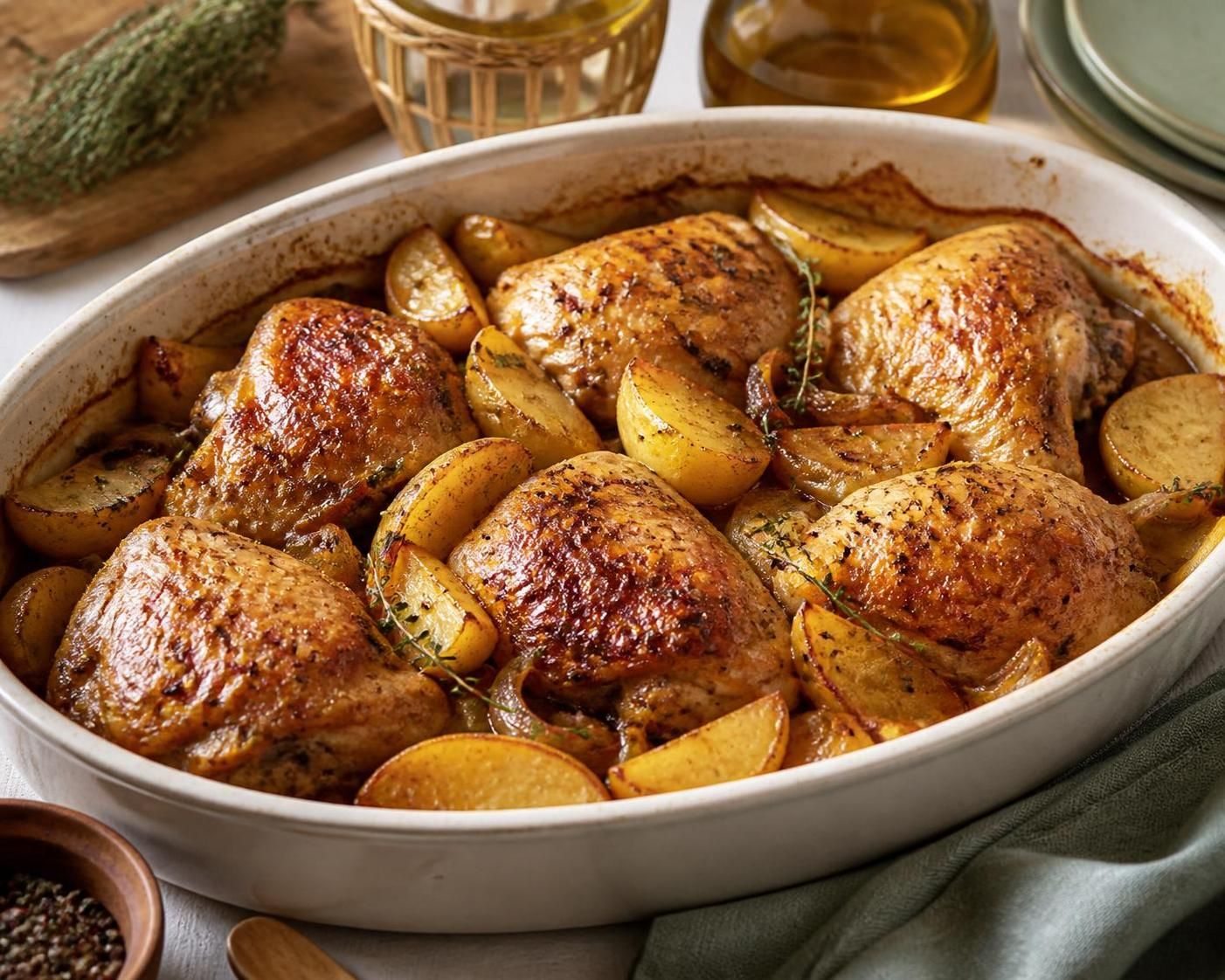 découvrez la recette facile et savoureuse de cuisse de poulet au four accompagnée de pommes de terre, idéale pour un repas qui plaira à toute la famille.
