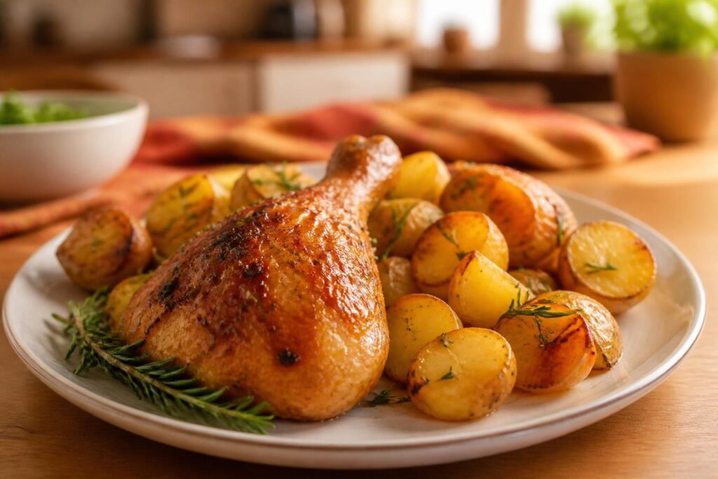 découvrez la recette facile et savoureuse de cuisse de poulet au four accompagnée de pommes de terre, un plat qui ravira toute la famille à coup sûr.