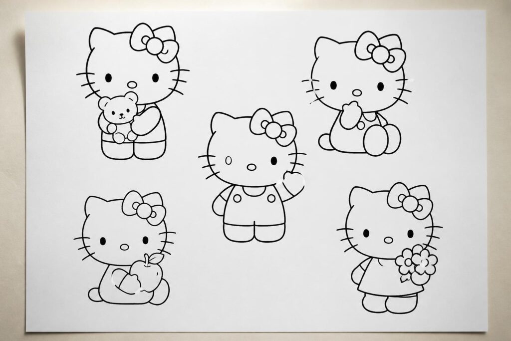 téléchargez et imprimez gratuitement 5 dessins faciles de hello kitty pour divertir et occuper vos enfants de manière créative.